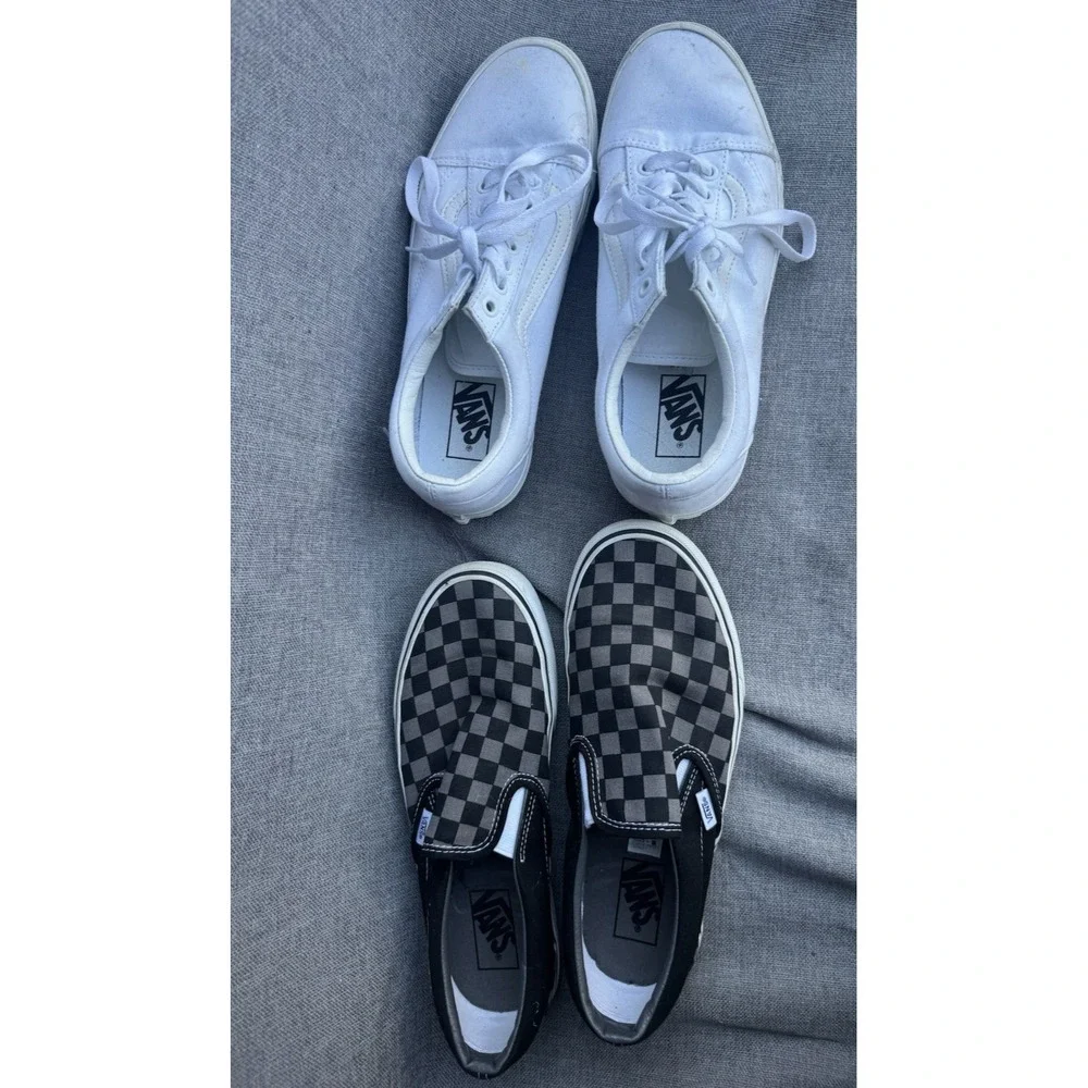 Lot 2 Vans Classic Slip-On Black/Gray Checkerboard White Old Skool M8.5 W 10